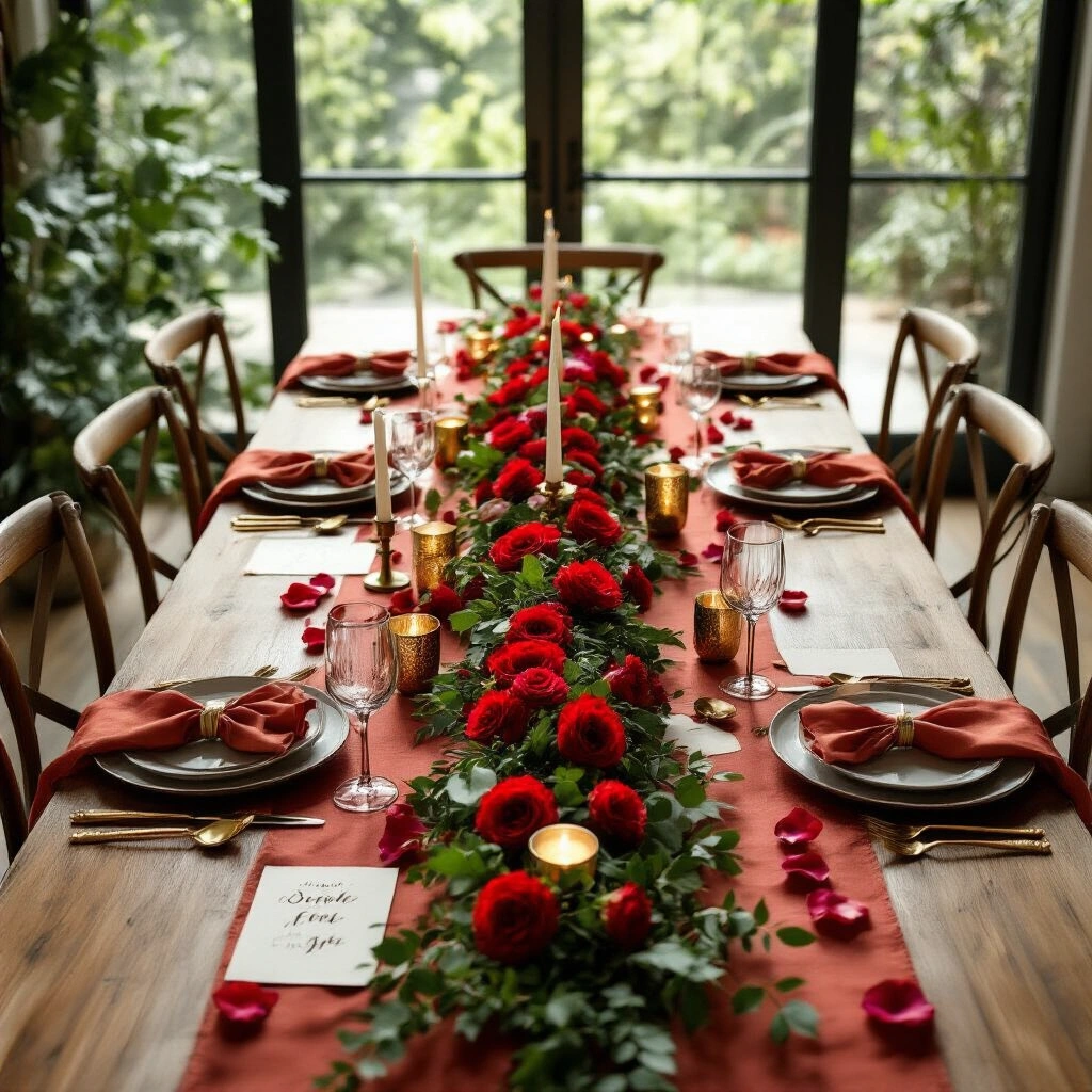 Red Rose Garland: Types, Uses, and How to Make Your Own Overhead view of a modern farmhouse dining table adorned with a lush red rose garland, brass candle holders, and terracotta silk table linens, illuminated by soft midday light from large windows. The table features hand-lettered ceramic place cards, gold flatware, and textured stoneware plates, with greenery accents and scattered rose petals, creating a warm and intimate atmosphere.