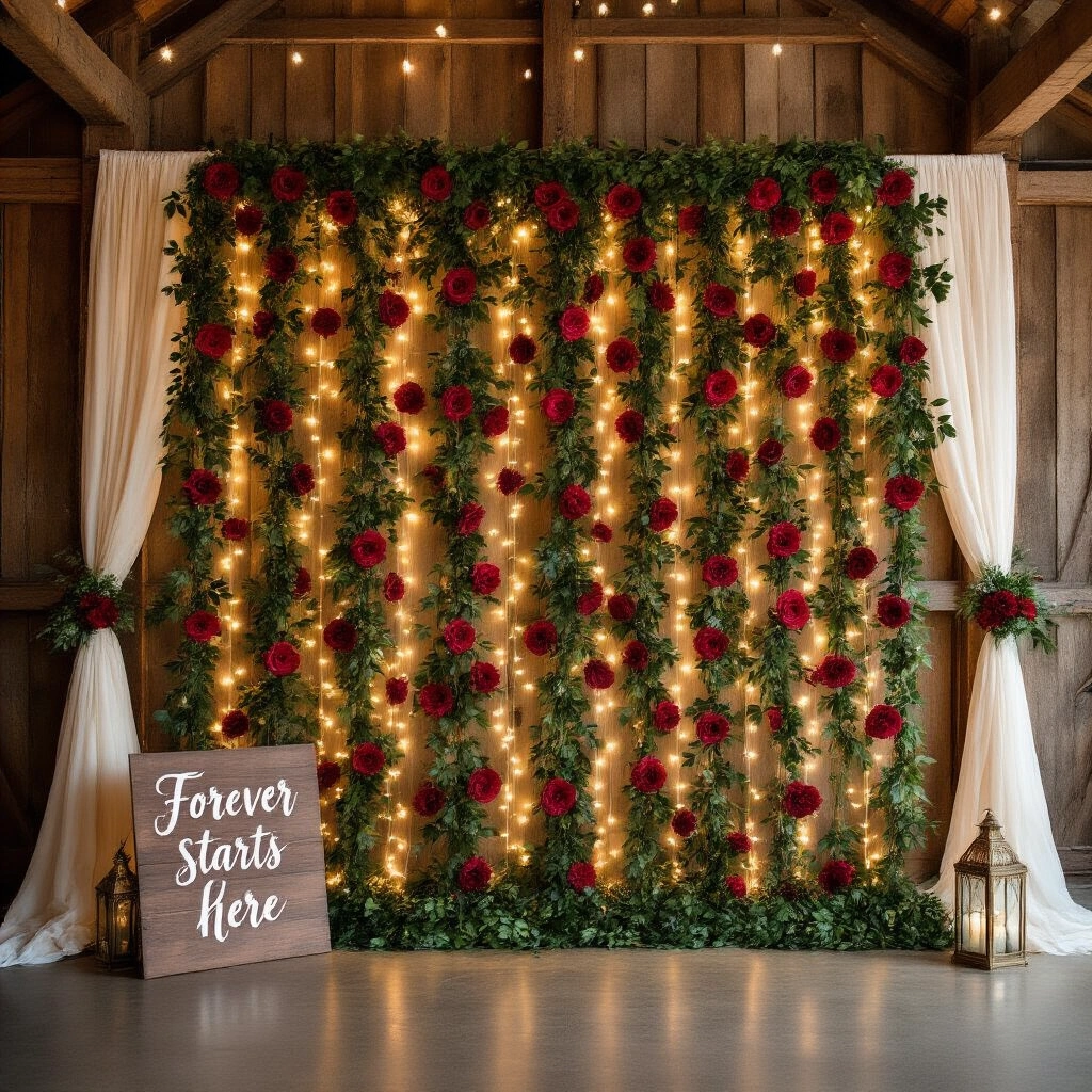 Red Rose Garland: Types, Uses, and How to Make Your Own Wide-angle shot of a lush wedding photo backdrop in a rustic barn, featuring vertical artificial red rose vine garlands, warm white fairy lights, brass floor lanterns, and a personalized wooden sign, surrounded by sheer ivory fabric panels, creating a romantic and whimsical atmosphere.