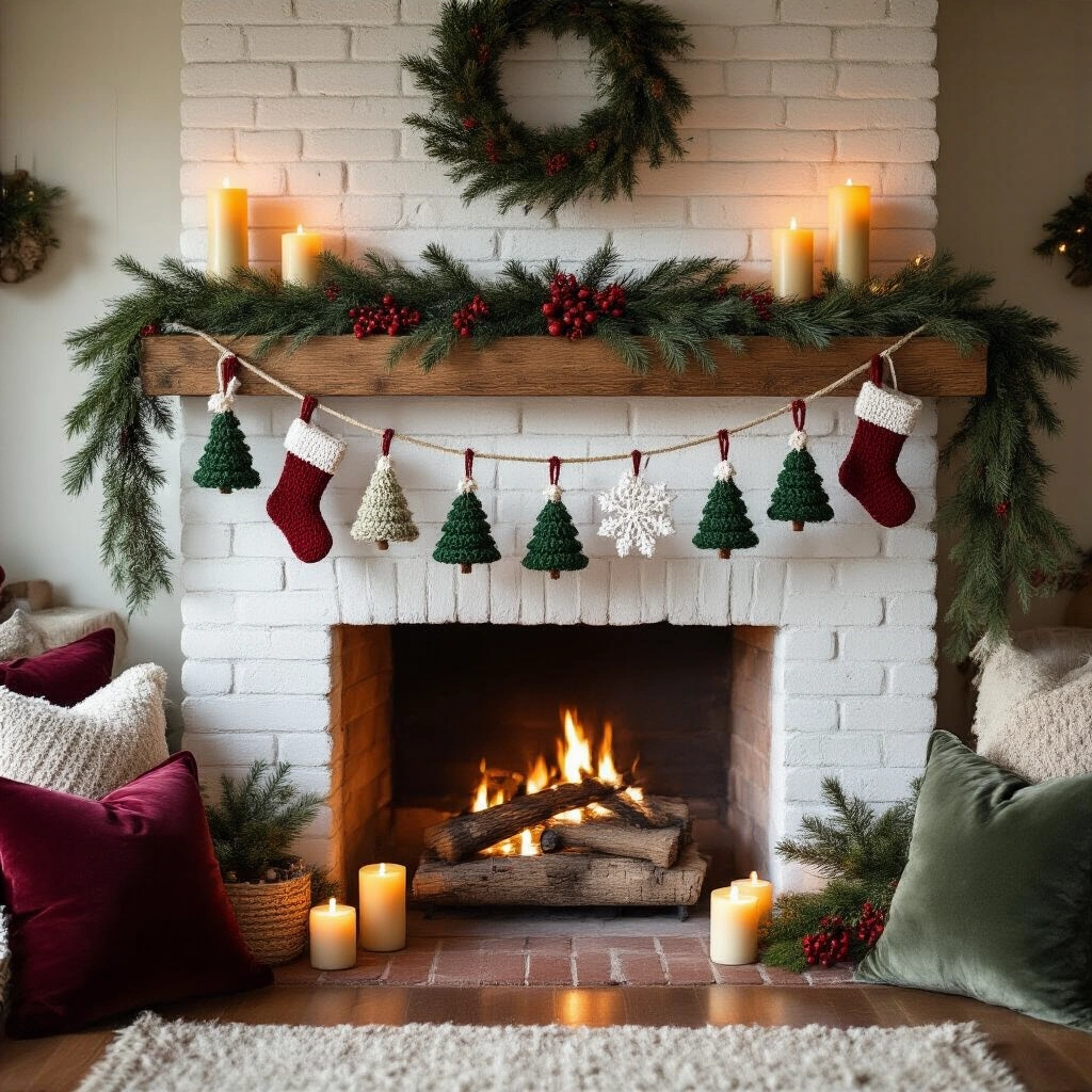 Christmas Crochet Garland: How to Make One That Actually Looks Amazing A warmly lit rustic living room featuring a handmade Christmas crochet garland on a whitewashed brick fireplace mantel, adorned with green Christmas trees, white snowflakes, and crimson stockings, surrounded by glowing pillar candles, pine sprigs, and red berries, with velvet cushions nearby, creating a cozy and festive atmosphere at golden hour.