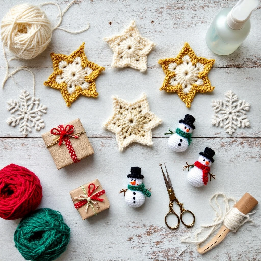 Christmas Crochet Garland: How to Make One That Actually Looks Amazing Close-up of a flat-lay arrangement on a weathered white oak table, featuring freshly blocked ivory and gold crocheted stars, tiny gift packages with red and emerald ribbon, and pastel blue miniature snowmen. Two snowflakes have blocking pins, with a water spray bottle nearby. A tapestry needle with cream cotton twine, leather-handled scissors, and yarn scraps in holiday colors frame the scene, all illuminated by soft morning light.