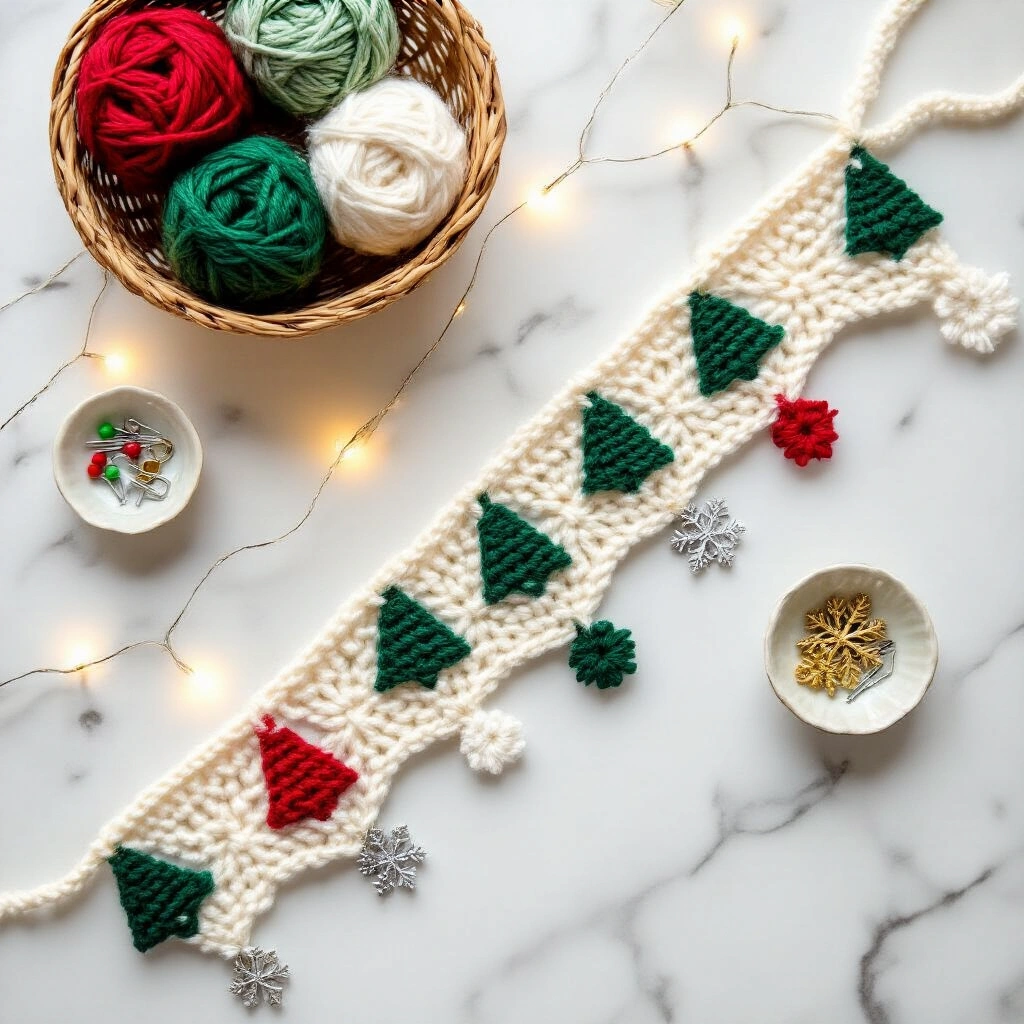 Christmas Crochet Garland: How to Make One That Actually Looks Amazing Overhead flat-lay of a holiday craft workspace on a marble countertop, featuring a diagonal ivory crocheted foundation chain with chunky forest green Christmas tree motifs and silver metallic snowflakes. A wicker basket holds red, green, white, and gold yarn balls, while mini ceramic bowls contain blocking pins and stitch markers. Fairy lights add a warm glow, creating a festive and nostalgic atmosphere.
