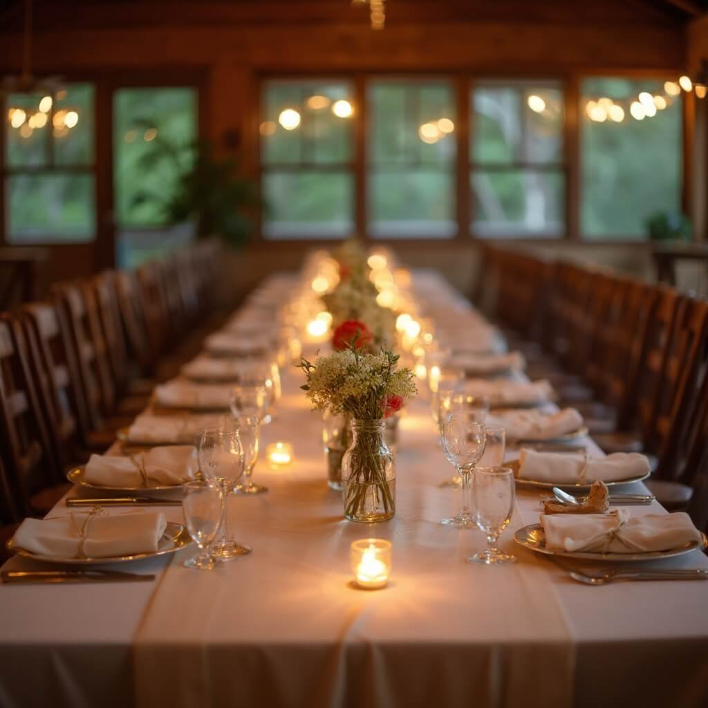 Simple Wedding Table Decor That Doesn't Look Underdone Empty banquet hall in early evening with a long table decorated with flowers, tealights, and potted herb favors, highlighting rows of chairs and a wooden ceiling