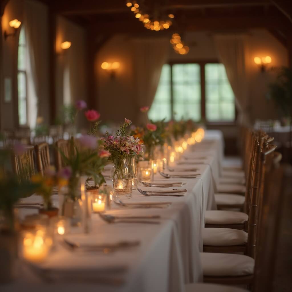 Simple Wedding Table Decor That Doesn't Look Underdone Reception hall in early evening with banquet table adorned with single-stem flowers, herb favors at each setting, empty chairs, and wooden beam ceiling viewed from table end