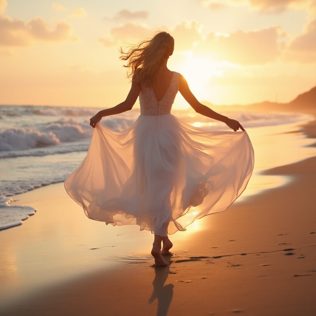Do You Need a Full-Length Gown, or Could a Short Wedding Dress Work? Bride in flowing organza wedding dress twirling on a sandy beach at sunset, with waves in the background and sky as a backdrop, captured from a low angle during golden hour.