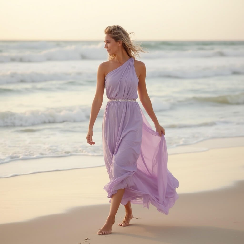 Choosing a Summer Wedding Guest Dress That Actually Works Guest in a flowing lavender maxi dress at a beach wedding during golden hour with blurred ocean waves, setting sun providing a warm glow, and vast open sky in the backdrop.
