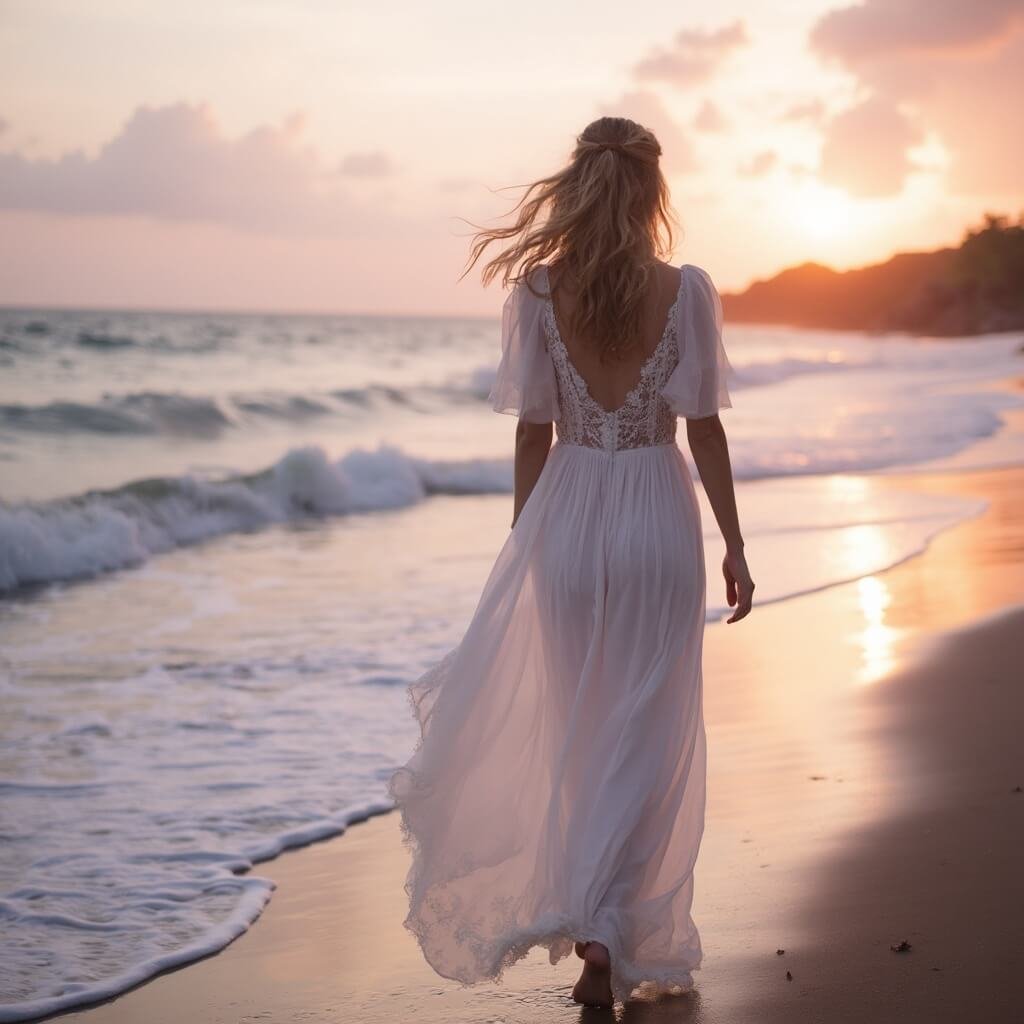 What Is an Ethereal Wedding Dress, and How Do You Choose One? Barefoot bride on beach at sunset in ethereal gown, silhouette against pink and lavender sky, with dress trailing in ocean breeze and backlit for halo effect