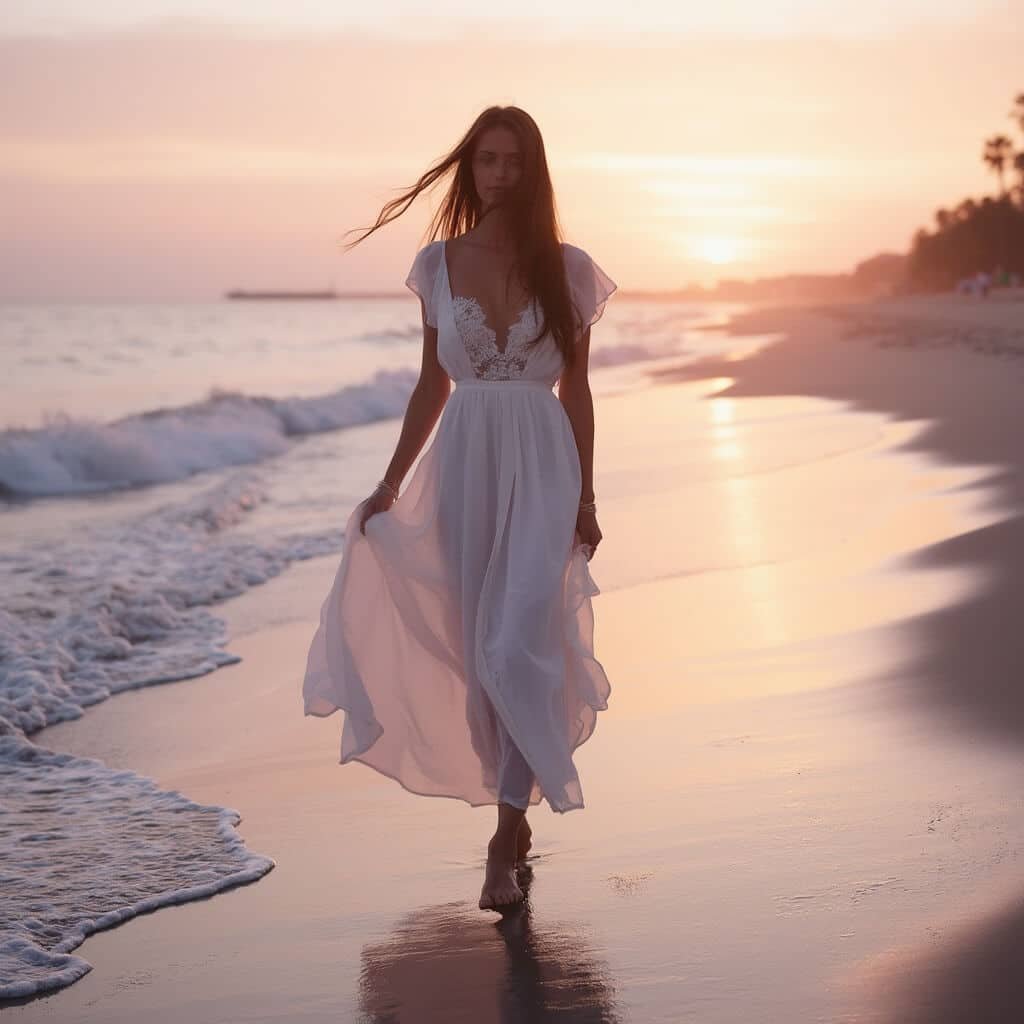 What Is an Ethereal Wedding Dress, and How Do You Choose One? Barefoot bride walking on the beach at sunset, wearing a flowing gown with flutter sleeves and a sheer lace bodice, silhouette highlighted against a pastel pink and lavender sky
