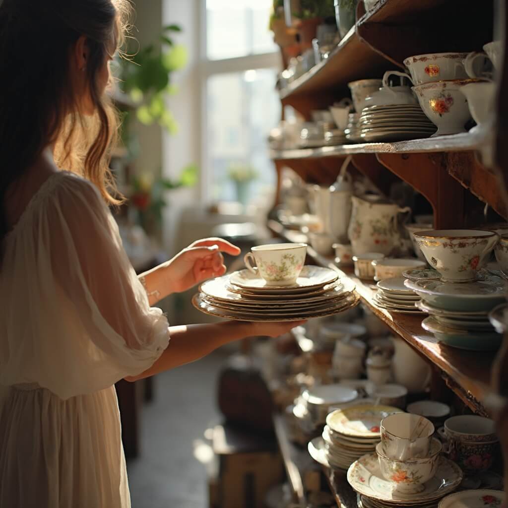 Bride-to-be selecting vintage china in a sunlit charity shop