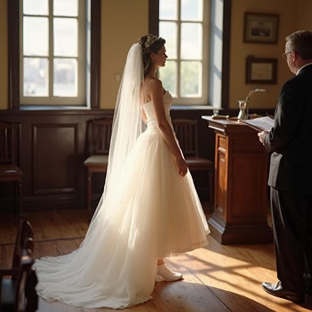 Do You Need a Full-Length Gown, or Could a Short Wedding Dress Work? Bride at altar during intimate registry office ceremony, wearing ivory midi-length A-line tulle dress, with cathedral-length veil cascading behind and officiant's podium blurred in the foreground.