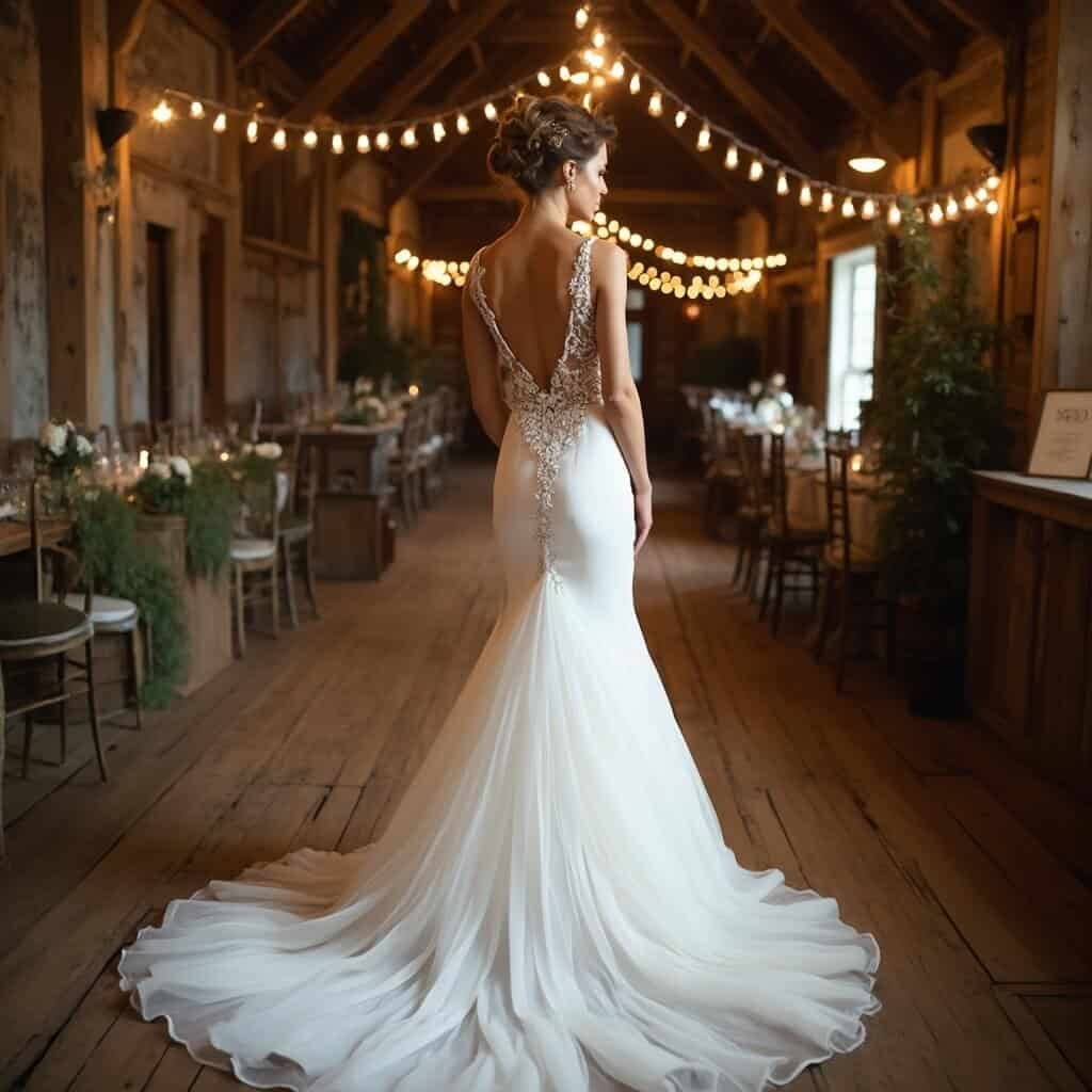 What Is an Ethereal Wedding Dress, and How Do You Choose One? Bride in hand-stitched wedding gown with floral appliqué and light chapel-length train, in sunlit rustic barn venue with blurred string lights in the background