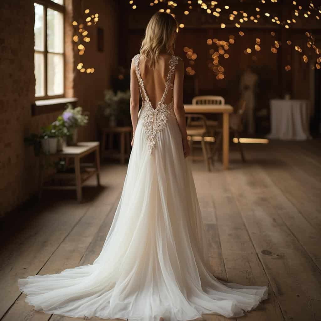 What Is an Ethereal Wedding Dress, and How Do You Choose One? Bride's open-back wedding gown with floral appliqué and chapel-length train in a rustic barn under warm window light