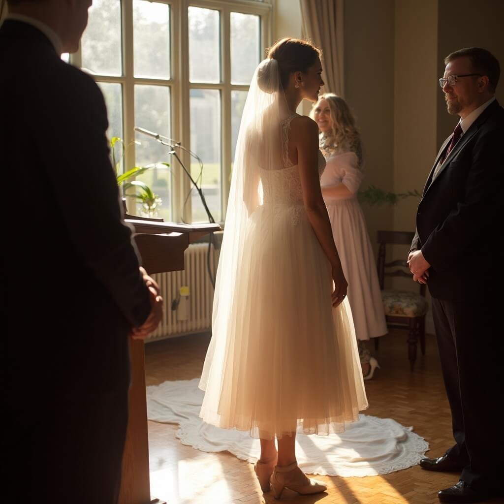 Do You Need a Full-Length Gown, or Could a Short Wedding Dress Work? Bride in an A-line midi wedding dress and cathedral-length veil standing at the altar during an intimate registry office ceremony, bathed in warm natural light coming through tall windows.
