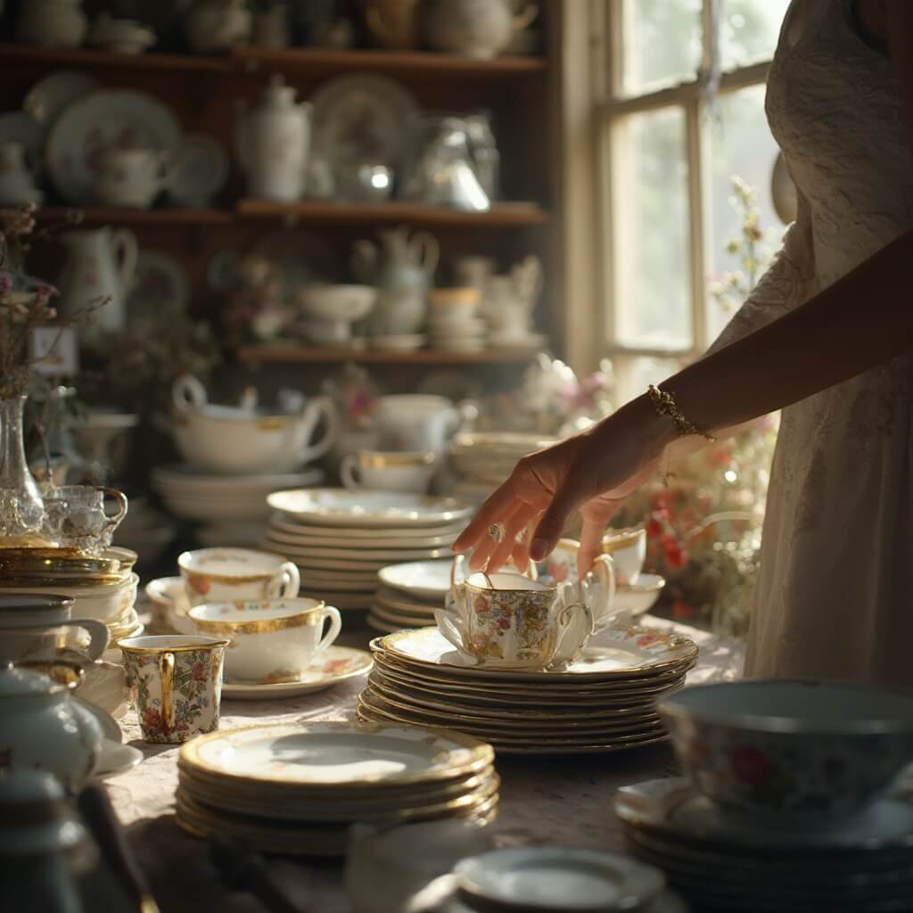 Bride-to-be selecting vintage china in sunlit charity shop with wooden shelves full of assorted tableware