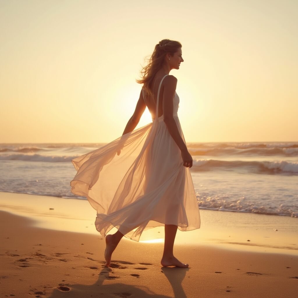 Do You Need a Full-Length Gown, or Could a Short Wedding Dress Work? Bride twirling in flowing organza midi wedding dress on a sandy beach at sunset, with waves lapping at the shoreline in the background.