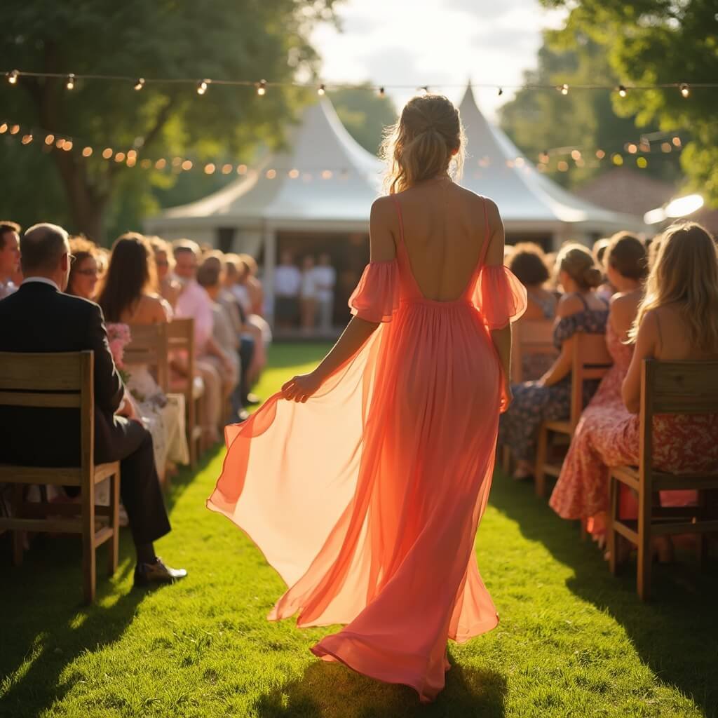 Choosing a Summer Wedding Guest Dress That Actually Works Woman in coral chiffon dress at outdoor wedding ceremony on a green English lawn in June, with blurred view of guests, marquee, and string lights in the background.