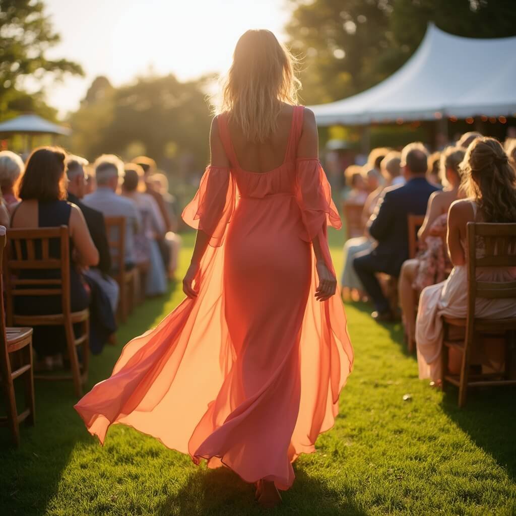 Choosing a Summer Wedding Guest Dress That Actually Works Outdoor wedding ceremony on an English lawn with guests seated on wooden chairs, focus on a woman wearing a coral chiffon maxi dress fluttering in the breeze, blurred marquee and string lights in the background.