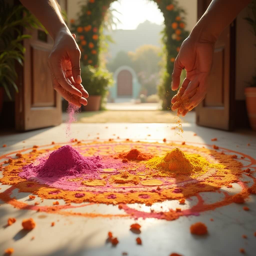 Sangeet Decor: How to Get the Look Without Losing Your Mind (or Your Budget) Hands creating a vibrant rangoli with orange, pink, and yellow powders on a marble floor near a sangeet entrance gateway, adorned with marigold petals, in soft morning light with a floral arch in the background