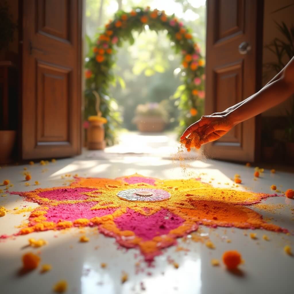Sangeet Decor: How to Get the Look Without Losing Your Mind (or Your Budget) Hands mid-motion creating a vibrant DIY rangoli with biodegradable powders near a sangeet entrance, with marigold petals scattered and blurred floral arch in the background