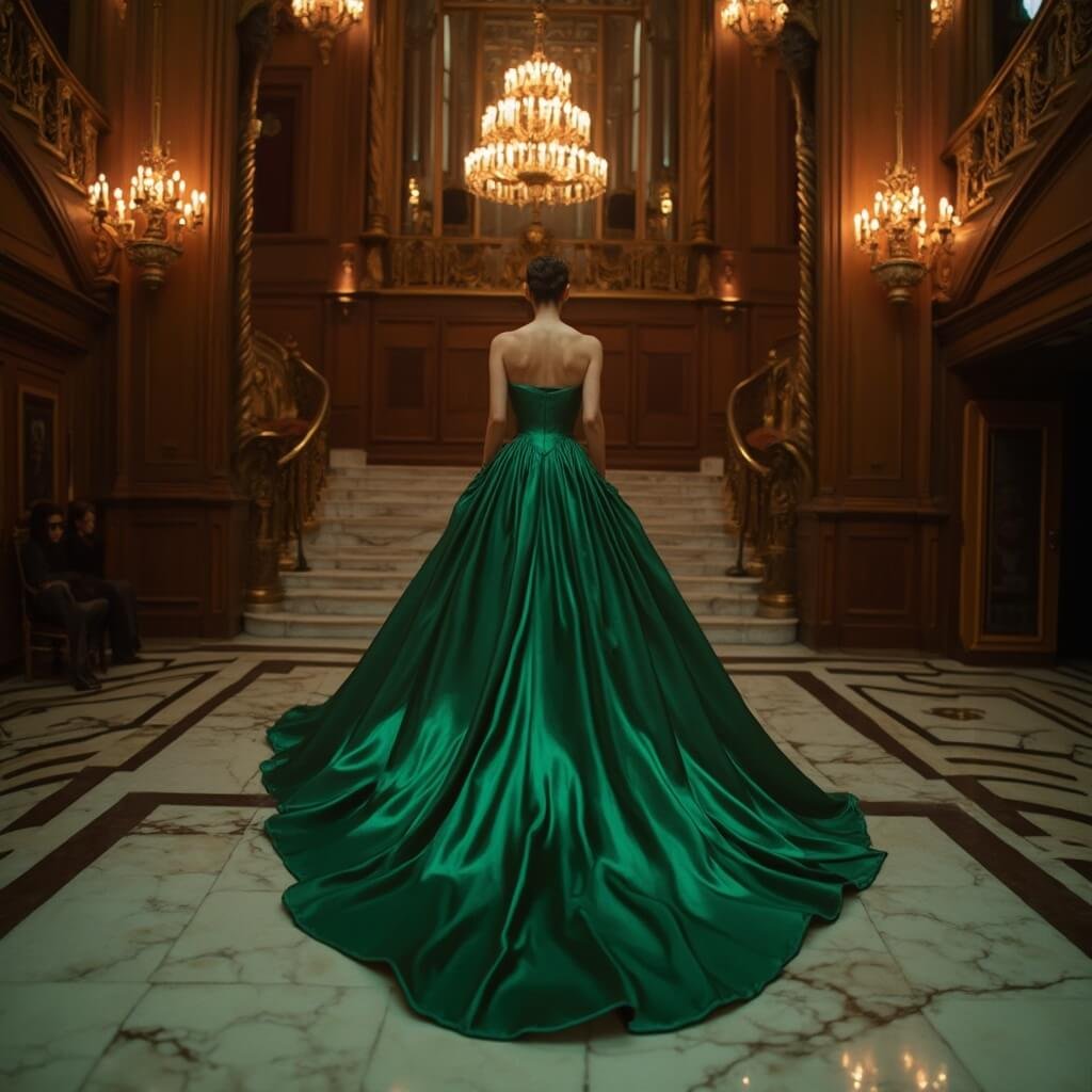 Do You Need a Floor-Length Gown for a Black Tie Wedding? Woman in emerald green gown descending a staircase in a grand ballroom lit by golden chandeliers at dusk.