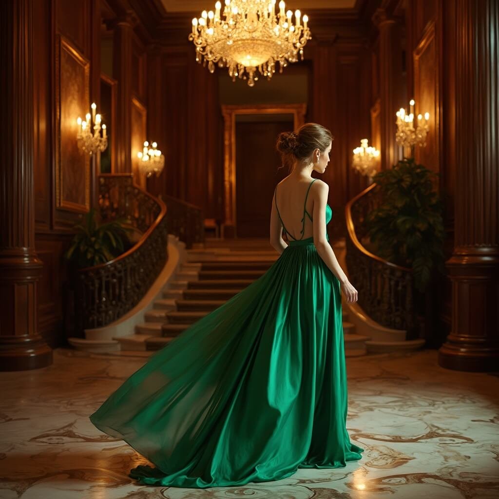 Do You Need a Floor-Length Gown for a Black Tie Wedding? Elegant woman in emerald green gown descending a grand staircase in a dusky ballroom with warm chandeliers, polished marble floors, dark wood paneling, and gilded mirrors.