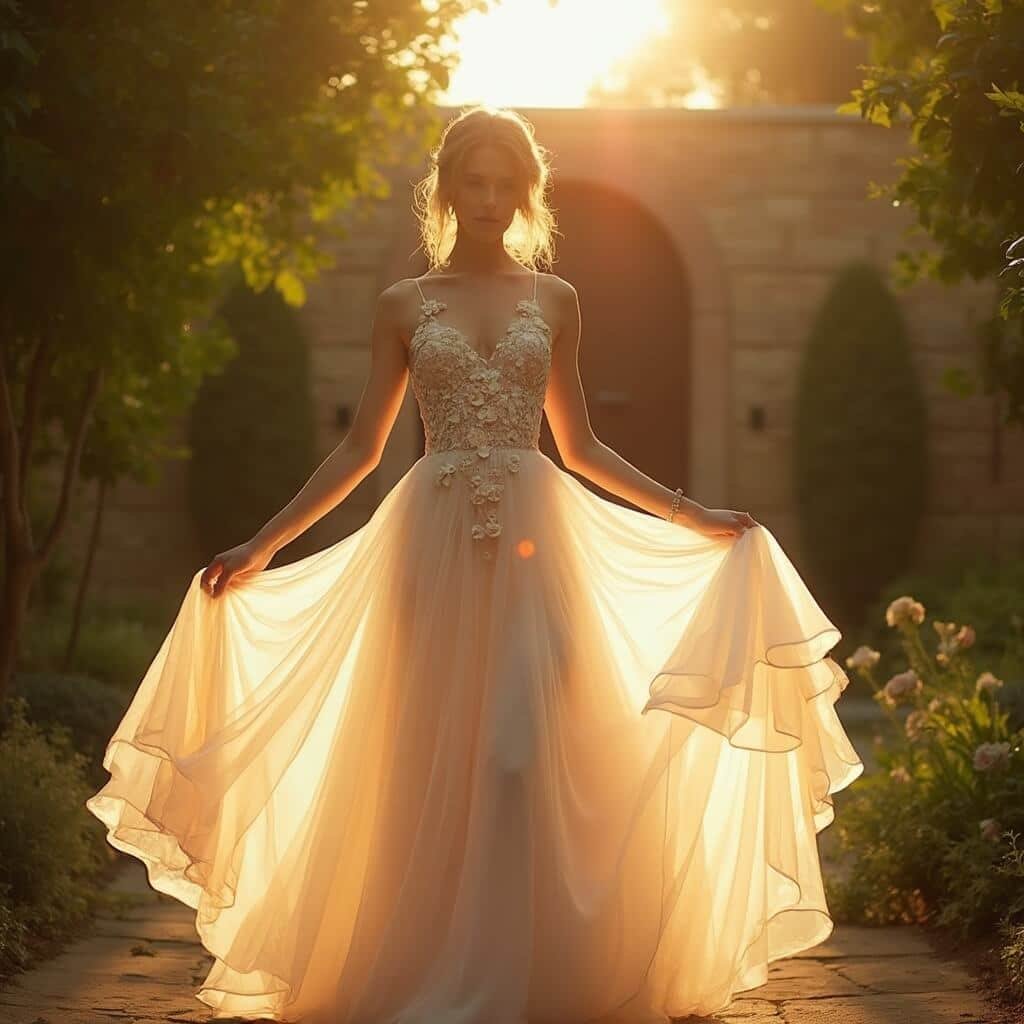 What Is an Ethereal Wedding Dress, and How Do You Choose One? Bride in flowing A-line wedding dress with 3D floral appliqués, standing in open walled garden during golden hour, with soft backlighting and blurred greenery background.
