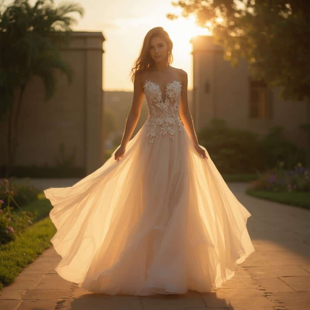 What Is an Ethereal Wedding Dress, and How Do You Choose One? Bride in a flowing A-line wedding dress with 3D floral appliqués, standing in a garden at golden hour, with the dress glowing translucent gold due to the backlighting