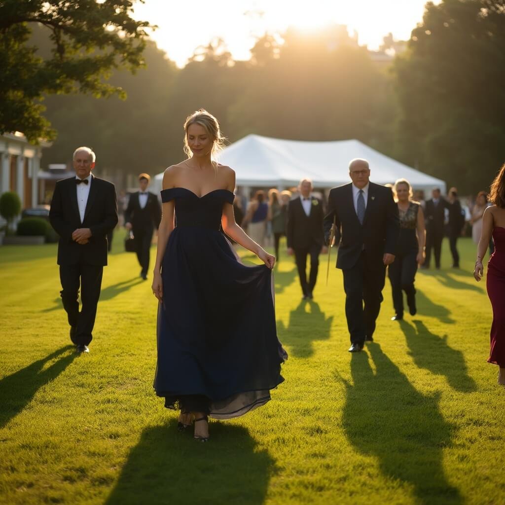 Do You Need a Floor-Length Gown for a Black Tie Wedding? Guests in formalwear walking on manicured lawn toward a white marquee at golden hour, woman in navy gown lifting hem, heels sinking in grass, long shadows in warm backlight.