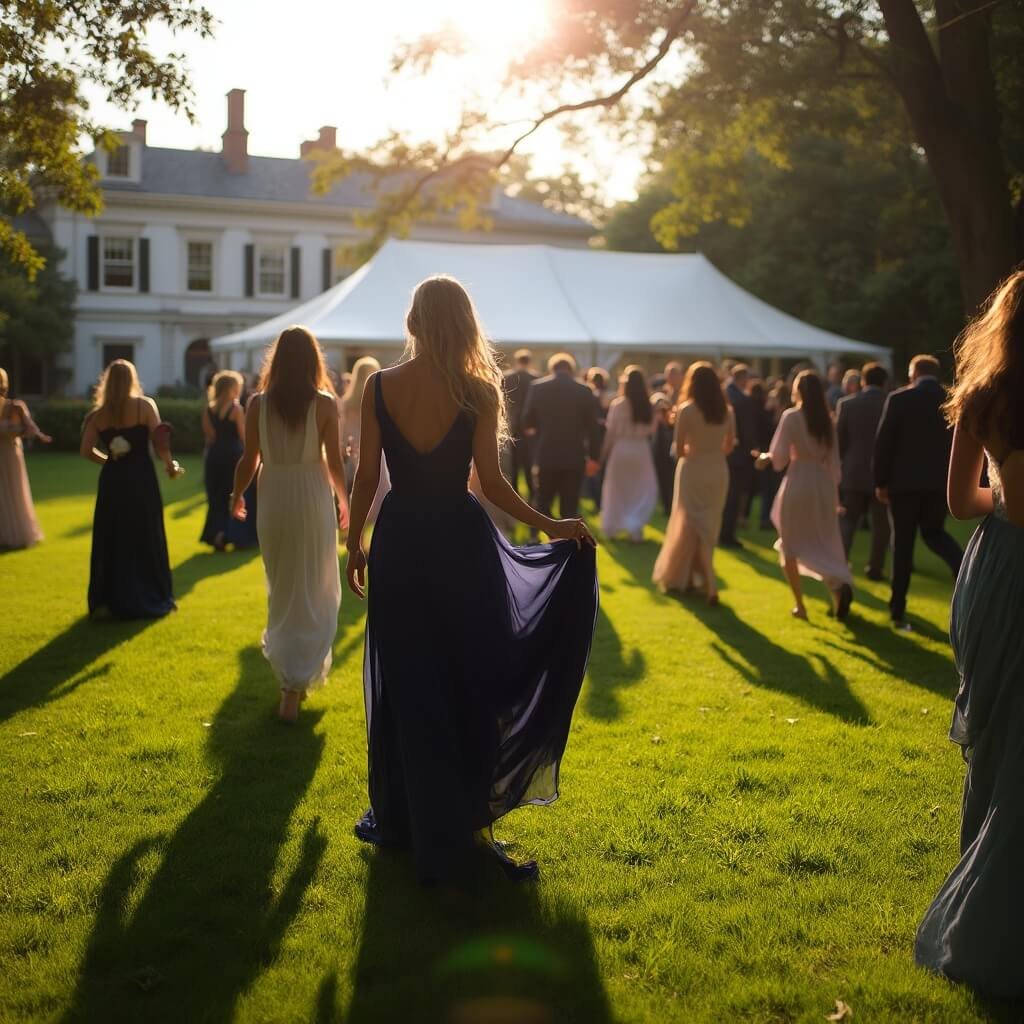 Do You Need a Floor-Length Gown for a Black Tie Wedding? Guests in formalwear on stately home lawn at golden hour, approaching a white marquee, woman in navy gown lifting hem, heels sinking into the turf, long shadows in warm backlight, documenting humor and elegance.
