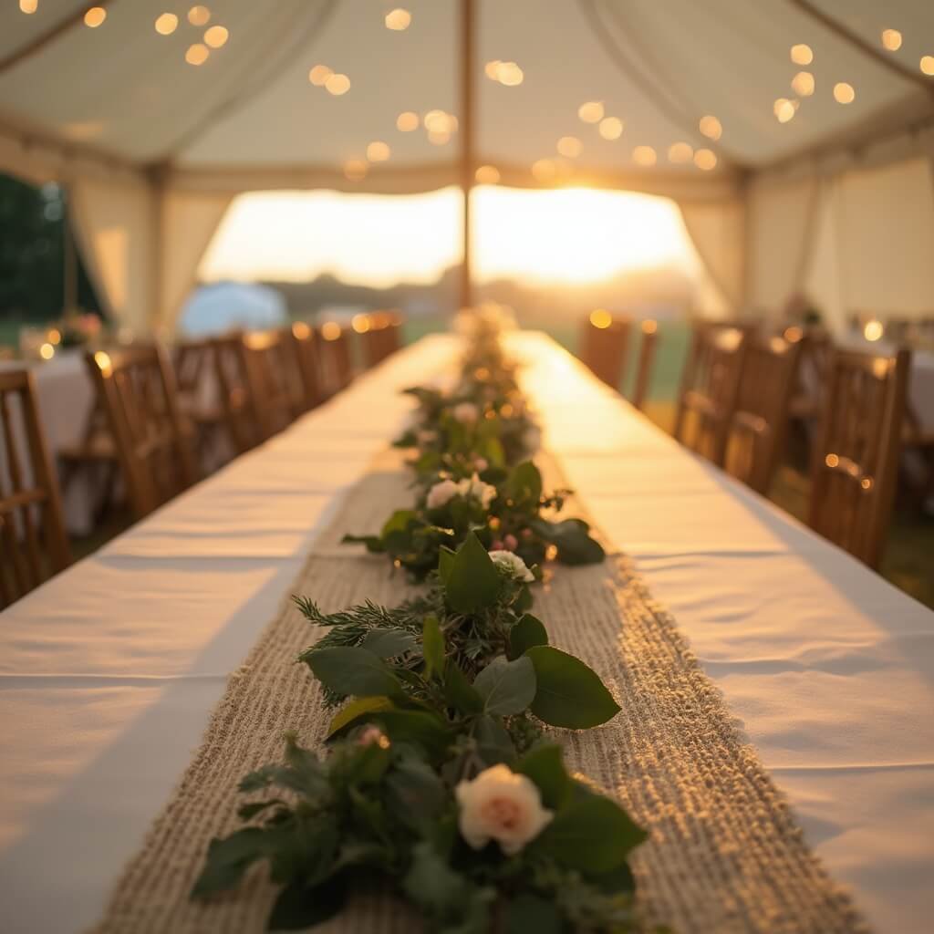 Simple Wedding Table Decor That Doesn't Look Underdone Dusk view of outdoor marquee wedding reception in Herefordshire featuring long tables with white linen and macramé runners, greenery garland with blush flowers, and string lights in the background