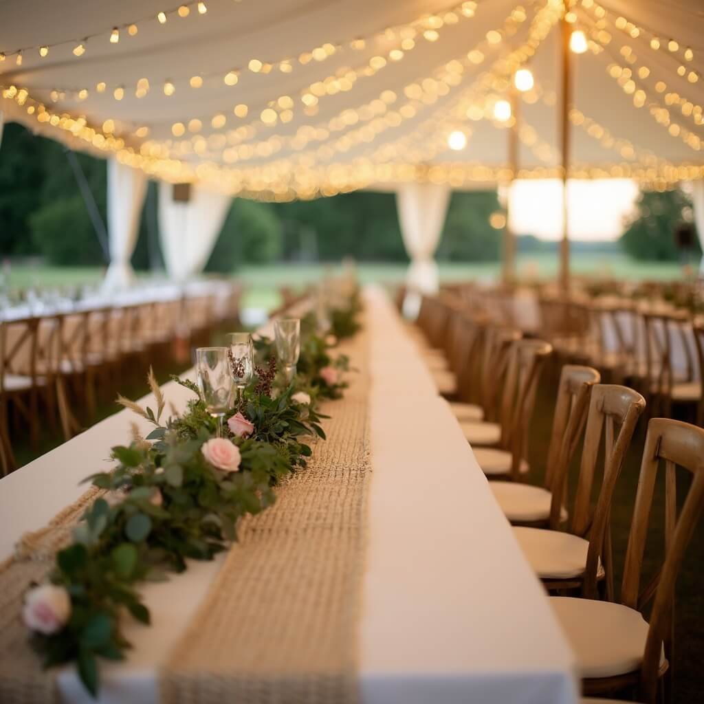 Simple Wedding Table Decor That Doesn't Look Underdone Outdoor marquee wedding reception in Herefordshire at dusk with long trestle tables, white linen and macramé runner, focused on a green garland with blush flowers, with blurred string lights and chairs in the background.
