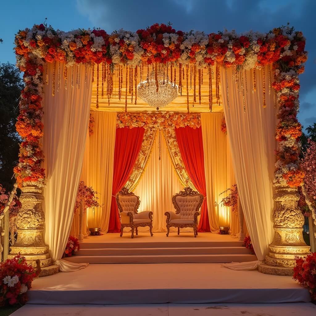 Reception Decor: Where to Spend, Where to Save, and What Actually Matters Ornate Indian wedding stage featuring marigold garlands, white orchids, ivory fabric, jewel-toned drapery, gilded thrones, and floral chandelier under warm amber uplighting
