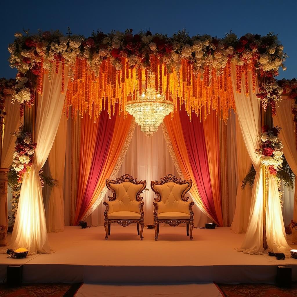 Reception Decor: Where to Spend, Where to Save, and What Actually Matters Ornate Indian wedding reception stage at dusk with garlands of marigolds, white orchids, ivory fabric drapes, amber uplighting, gilded thrones on a raised platform, floral chandelier, and jewel-toned drapery