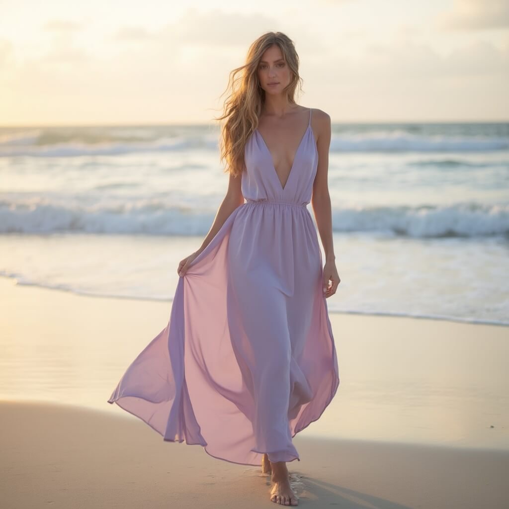 Choosing a Summer Wedding Guest Dress That Actually Works Guest in a one-shoulder lavender maxi dress at a beach wedding during golden hour, with gentle waves and setting sun in the background