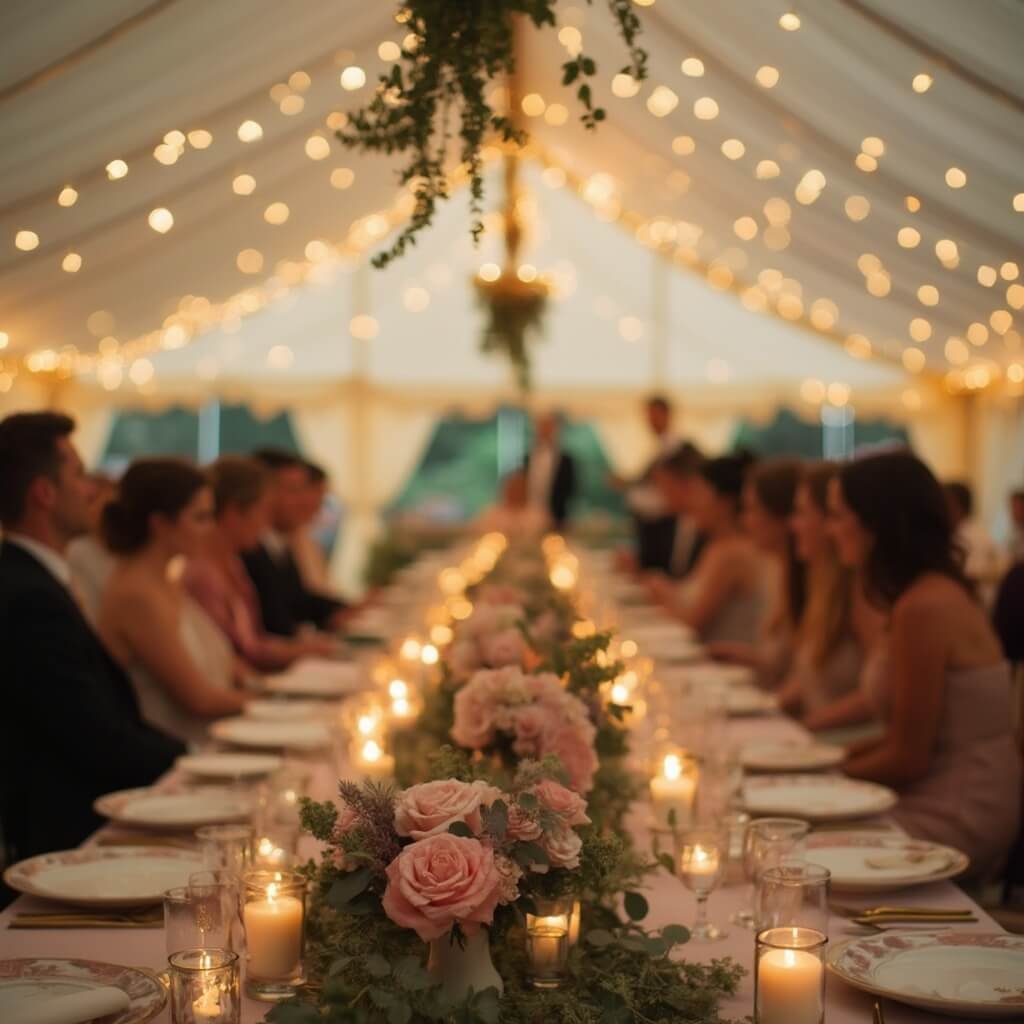 Reception Decor: Where to Spend, Where to Save, and What Actually Matters Marquee wedding reception at golden hour with blush and sage linens, fairy lights, floral centerpiece of pink roses and eucalyptus, guests in soft focus, shot on 35mm lens