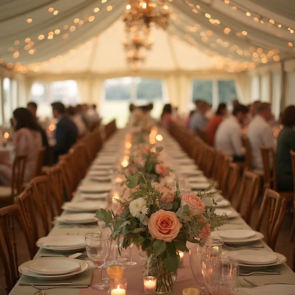 Reception Decor: Where to Spend, Where to Save, and What Actually Matters Marquee wedding reception with blush and sage decors, twinkling fairy lights, floral centerpieces, and guests in soft focus during golden hour