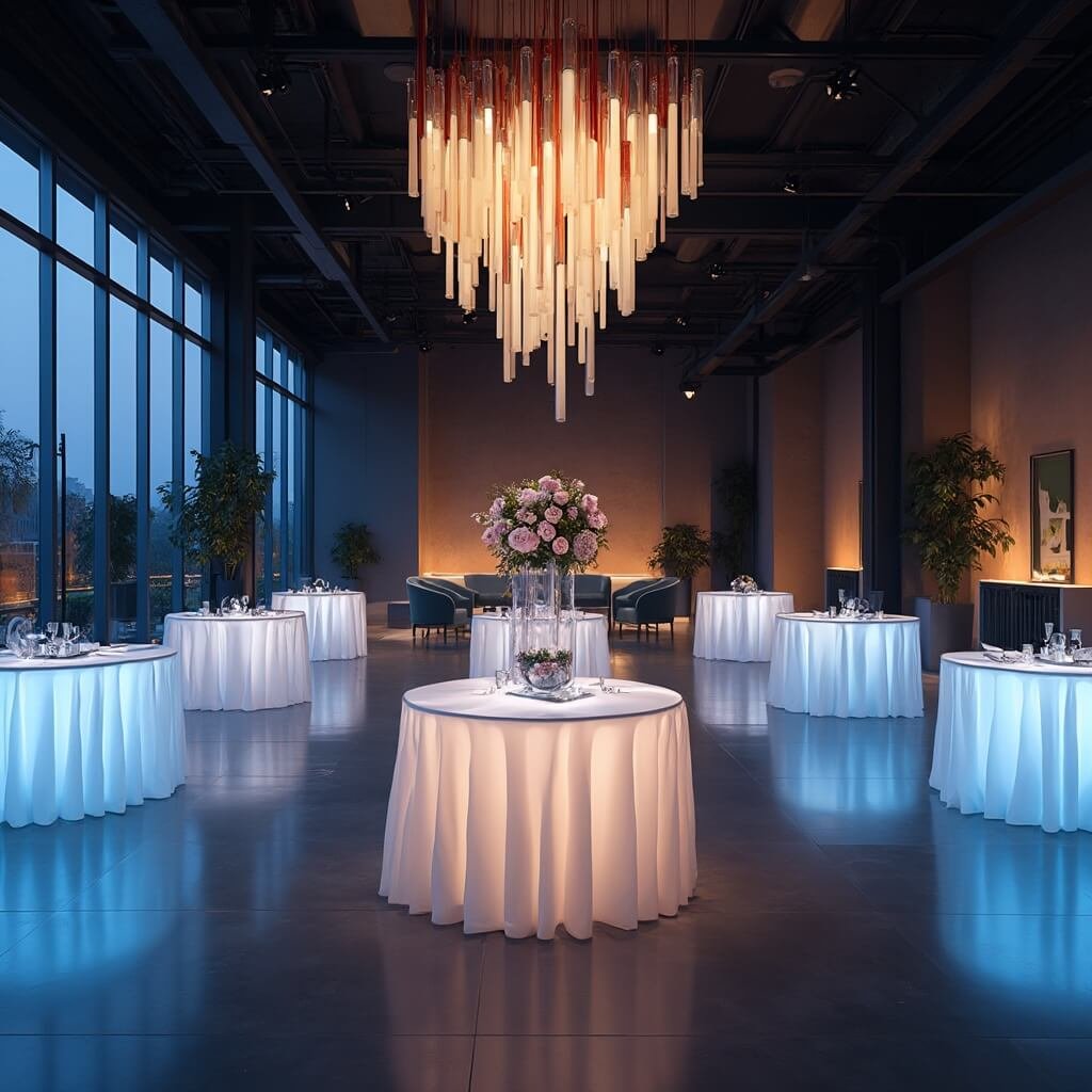 Reception Decor: Where to Spend, Where to Save, and What Actually Matters Minimalist corporate reception hall with round tables, modern decoration, dramatic lighting, and a lounge area with velvet armchairs in the background