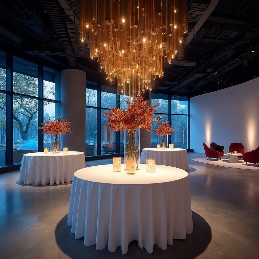 Reception Decor: Where to Spend, Where to Save, and What Actually Matters Minimalist corporate reception hall with round tables, white linens, geometric centerpieces, suspended lights, modern floral arrangement, polished concrete floors, blue and amber uplighting, and lounge corner with velvet armchairs.