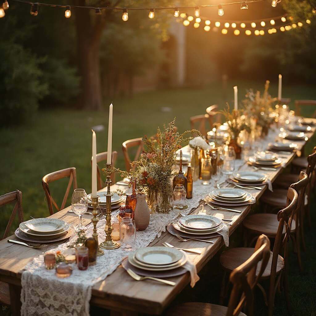 Overhead view of a rustic outdoor wedding reception table adorned with mixed vintage crockery, layered glassware, brass candlesticks, and lace tablecloth under string lights during golden hour, wildflower centerpieces in mason jars and old bottles, with long shadows on the wooden table due to warm natural light.