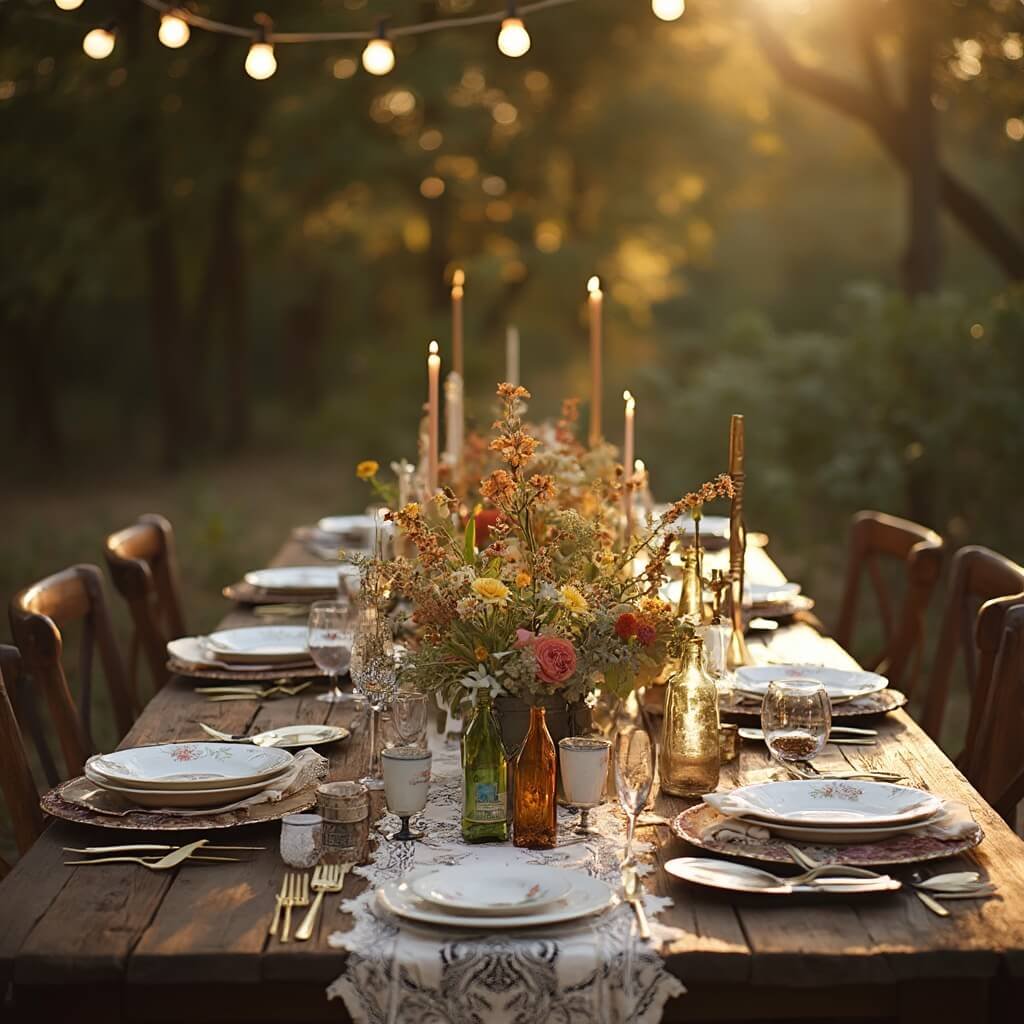 Overhead view of a rustic outdoor wedding reception table with mismatched vintage plates, glassware, brass candlesticks, and a lace runner, decorated with wildflower-filled mason jars and old bottles, under string lights during golden hour