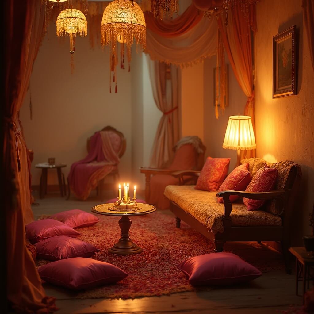 Sangeet Decor: How to Get the Look Without Losing Your Mind (or Your Budget) Elderly relative's shawl draped over chair in cozy sangeet venue lounge corner featuring fuchsia and gold cushions, small brass table decorated with candles and rose petals, with paper tassels and lanterns overhead in soft amber lighting