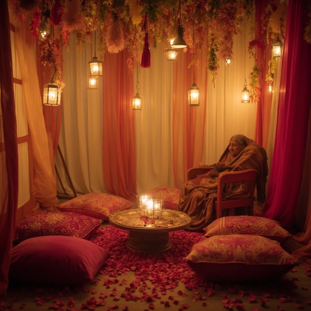 Sangeet Decor: How to Get the Look Without Losing Your Mind (or Your Budget) Elderly relative's shawl draped over chair near low-set cushioned lounge area with small brass table adorned with candles and rose petals, under paper tassel and lantern decorations at indoor sangeet venue