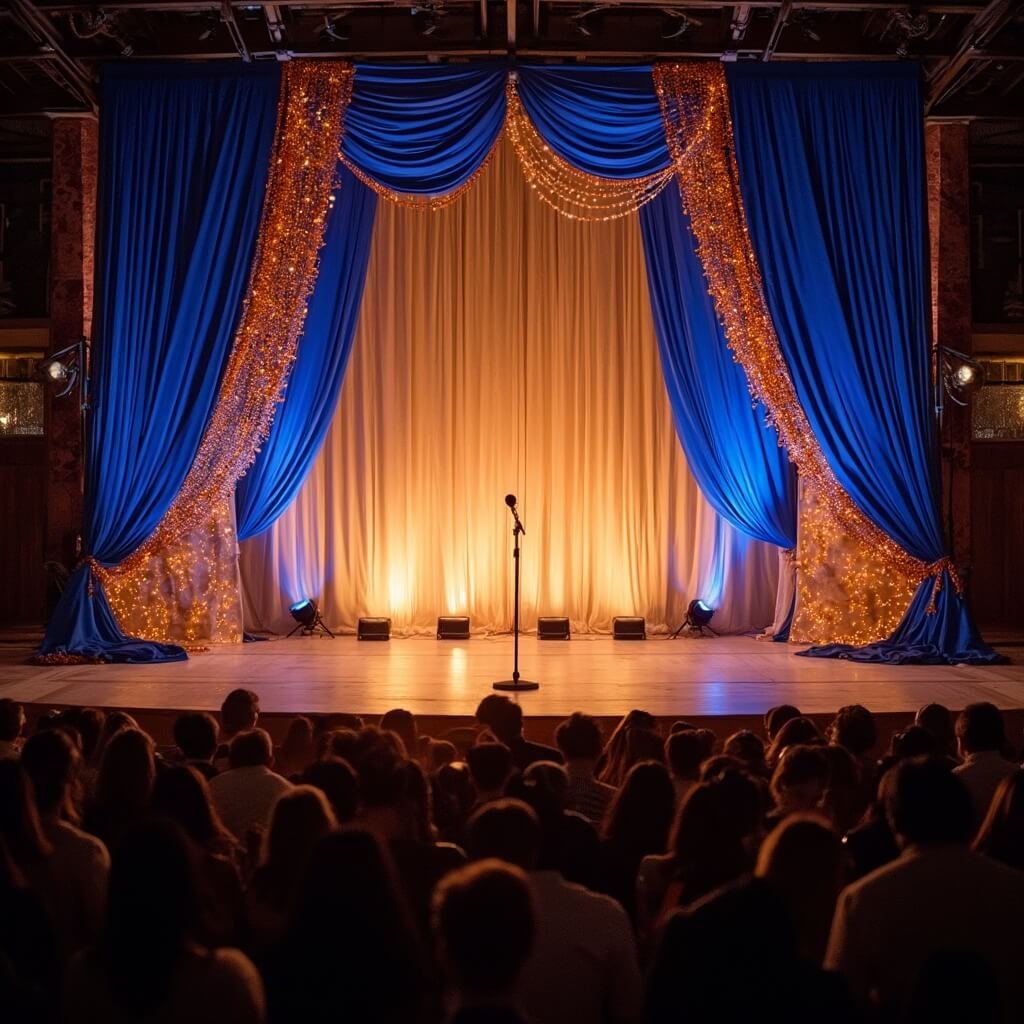 Sangeet Decor: How to Get the Look Without Losing Your Mind (or Your Budget) Sangeet stage backdrop with royal blue and gold drapings, marigold garlands, and string lights captured at golden hour transitioning to evening, viewed from the dance floor with crowd silhouettes at the edges