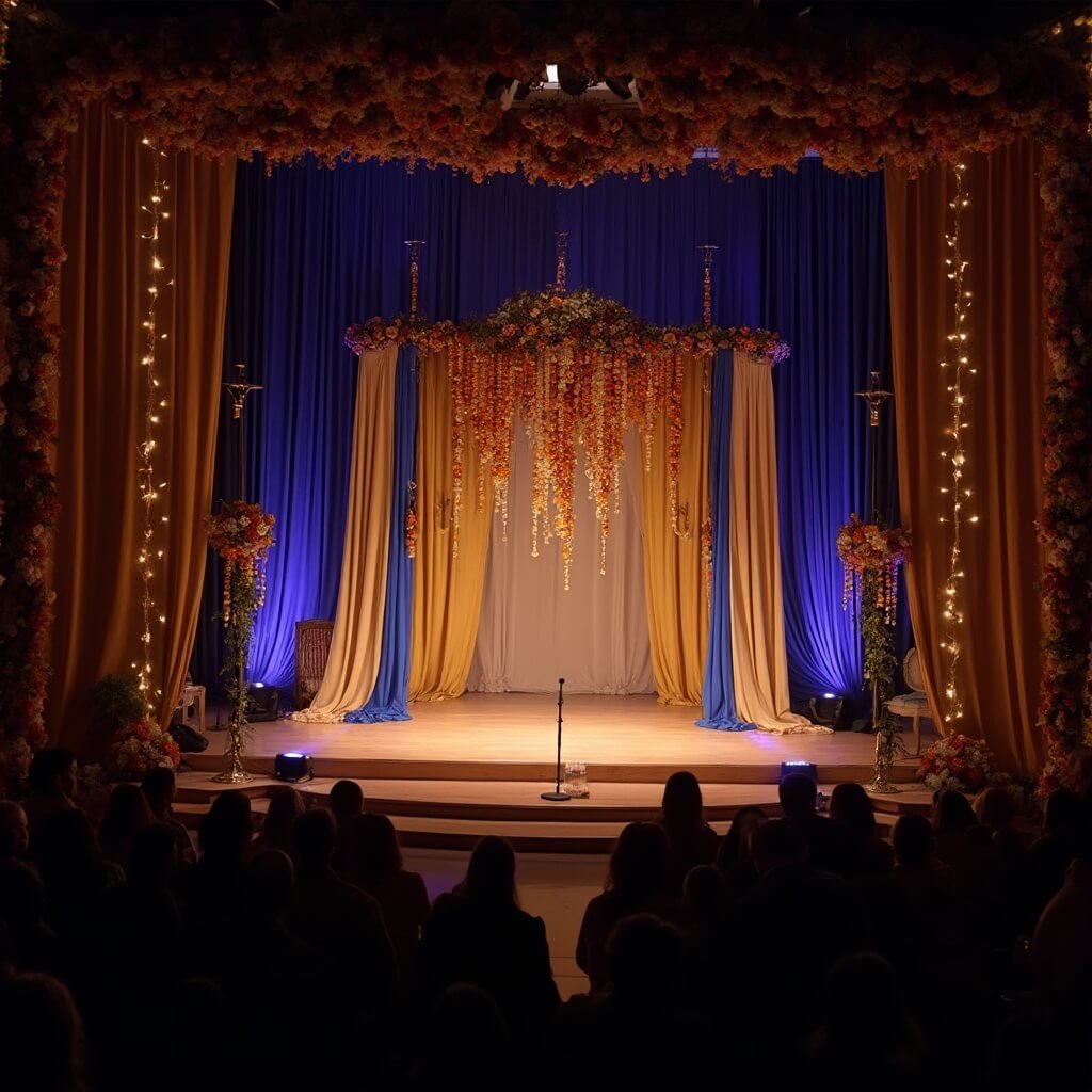 Sangeet Decor: How to Get the Look Without Losing Your Mind (or Your Budget) Sangeet stage at evening featuring royal blue and gold fabric draped background with marigold garlands, string lights, and a solitary microphone on a spotlighted wooden stage, seen from dance floor; faint crowd silhouettes at photo edges.