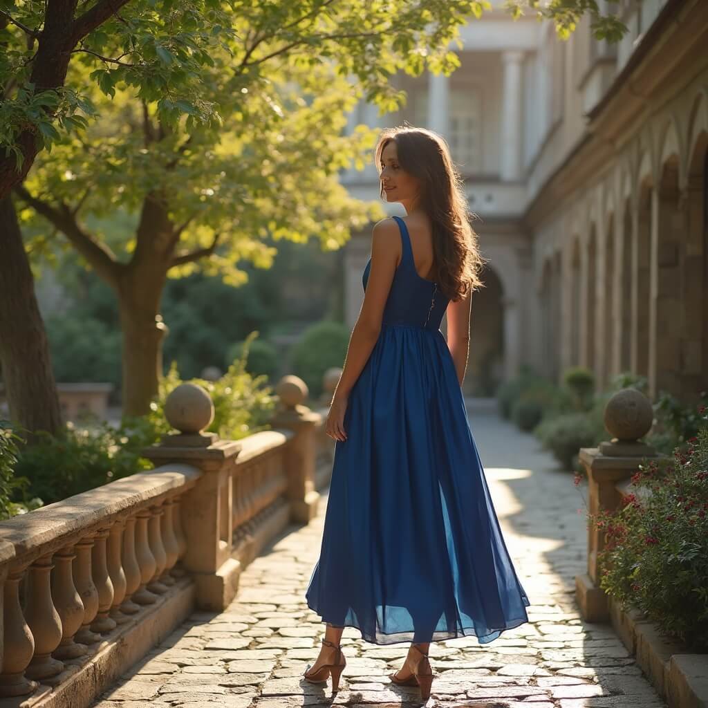 Choosing a Summer Wedding Guest Dress That Actually Works Woman in a sapphire blue satin midi dress standing in a stone courtyard at a stately home wedding reception, with dappled sunlight from overhead trees on the cobblestones and warm amber toning highlighting the dress's silhouette.