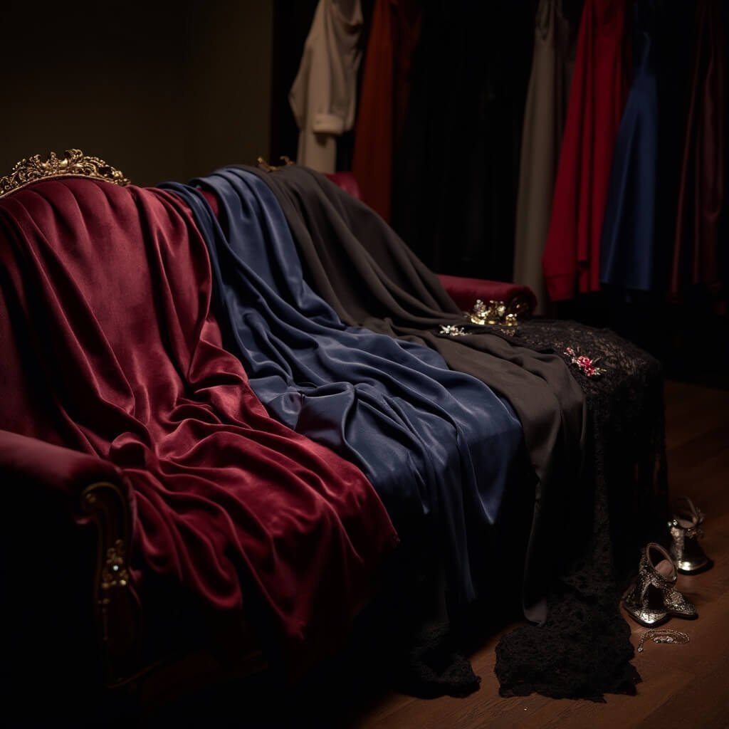 Do You Need a Floor-Length Gown for a Black Tie Wedding? Close-up view of richly textured fabrics on a velvet chaise lounge in a dimly lit boutique, with burgundy velvet, deep sapphire satin, and black lace highlighted by soft lamp light, along with metallic heels and delicate jewelry, creating a moody, luxurious atmosphere.
