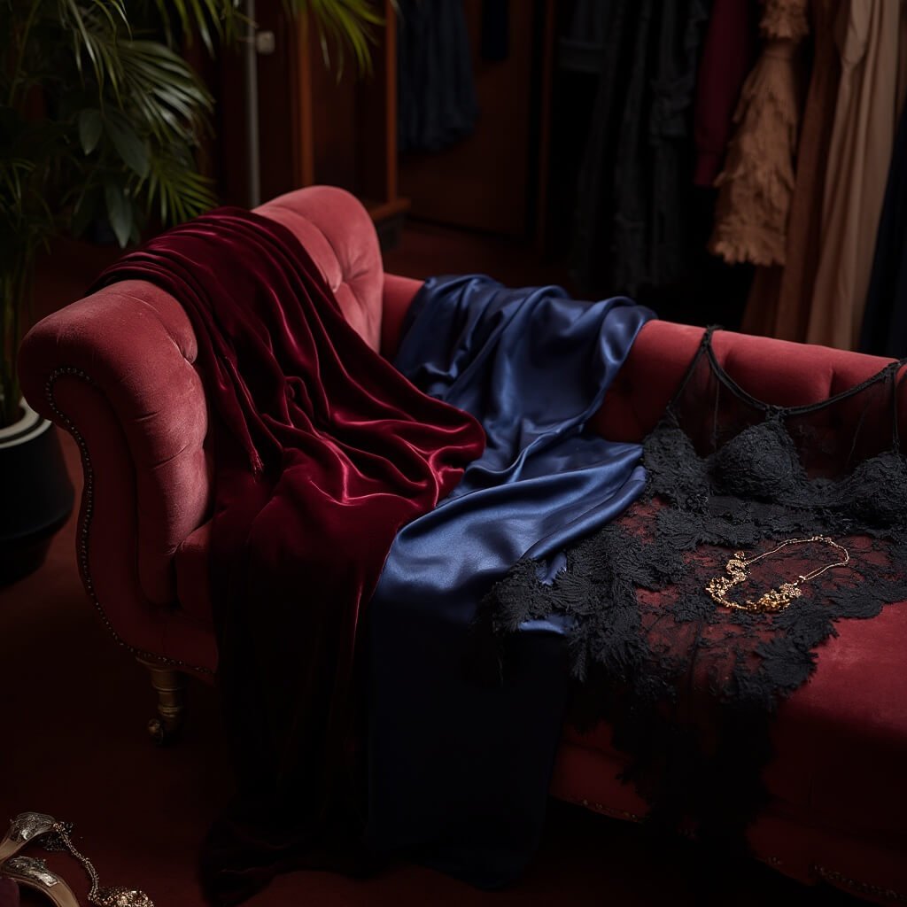 Do You Need a Floor-Length Gown for a Black Tie Wedding? Close-up of richly textured fabrics on velvet chaise lounge in boutique dressing room, with metallic heels and jewelry nearby under soft lamp light