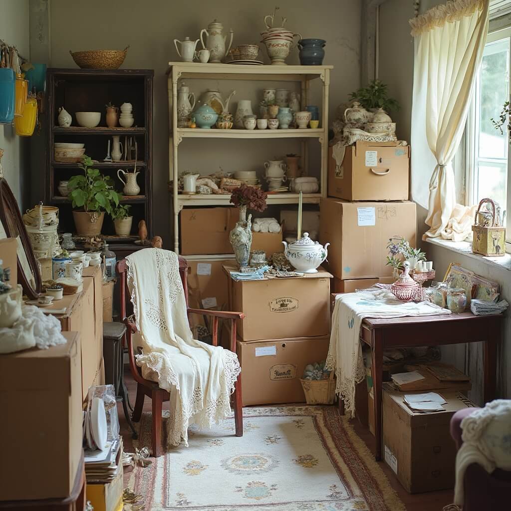 Spare room filled with wedding decorations, including colour-sorted teacups in cardboard boxes, folded lace linens on a chair, vintage silverware on a table beside craft supplies, with afternoon light streaming through a window.