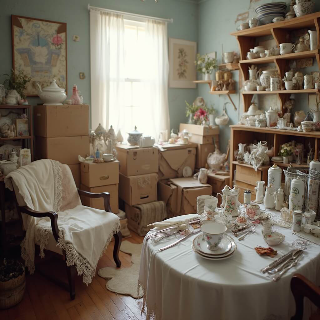 A spare room filled with wedding decorations including color-sorted teacups in cardboard boxes, folded lace linens on a chair, and vintage silverware next to spray paint cans and craft supplies, lit by soft afternoon light.