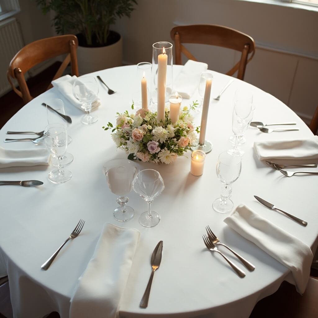 Simple Wedding Table Decor That Doesn't Look Underdone Overhead view of a minimalist wedding table setting for eight with a central floral arrangement, variety of candles, and symmetrical tableware on white linen under soft evening light