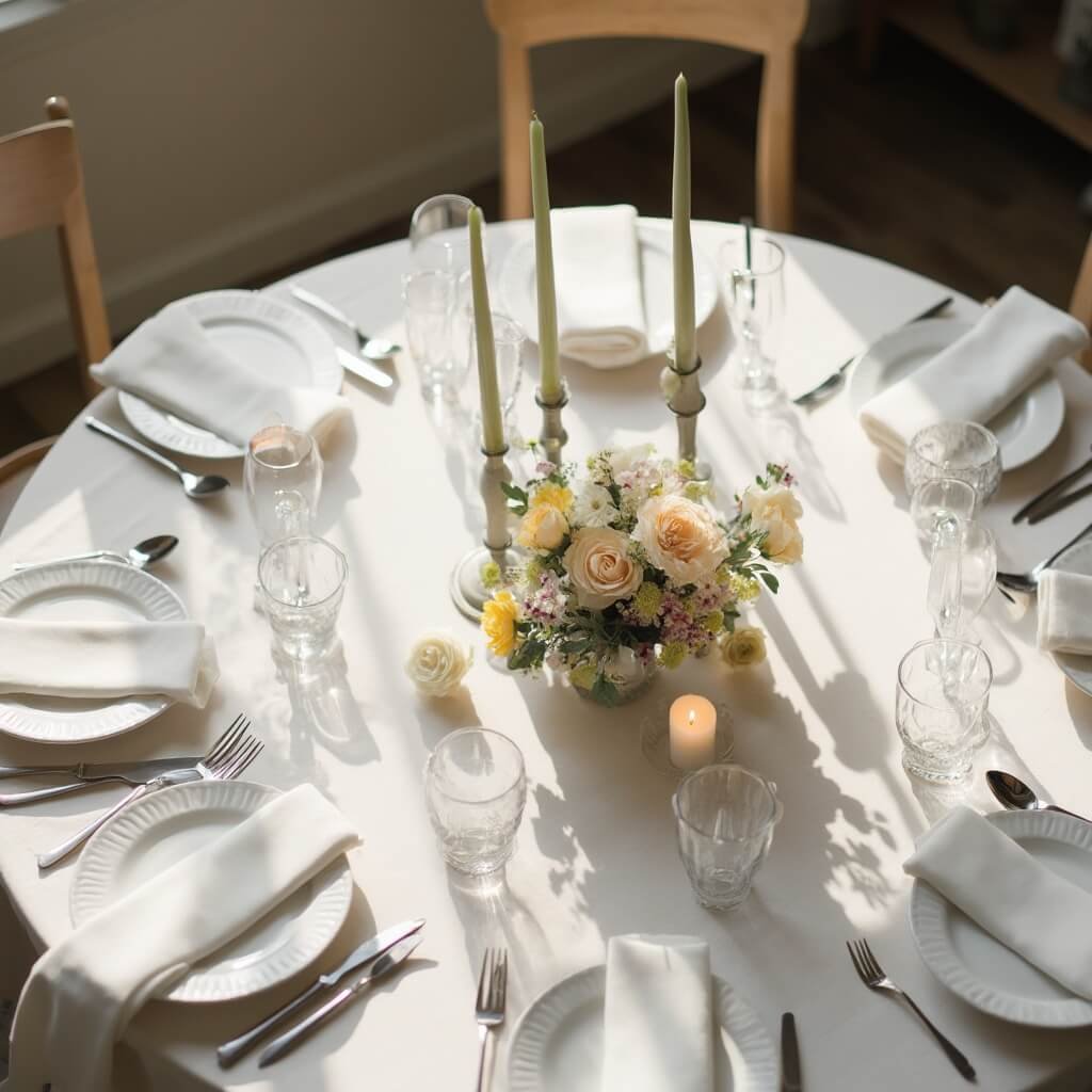 Simple Wedding Table Decor That Doesn't Look Underdone Overhead view of a minimalist styled wedding table for eight, featuring low pastel floral centerpiece, variously-sized candles, and symmetrically arranged white napkins and glassware under a soft evening light